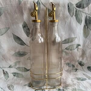 Ribbed Glass Oil and Vinegar Cruet Set with Gold Weighted Spouts and Caddy